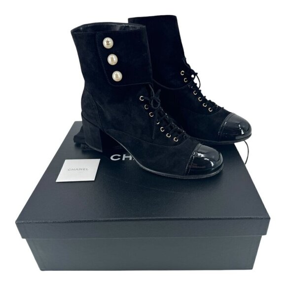 Chanel Suede Pearl CC Logo Patent Cap Toe Short Boots - Picture 3 of 16